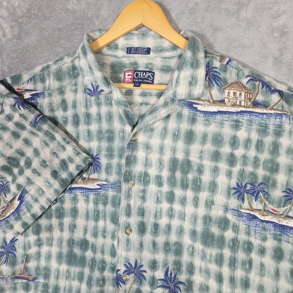 Chaps Ralph Lauren Shirt Mens 2XL Green Blue Hawaiian Island Palm Cotton Linen